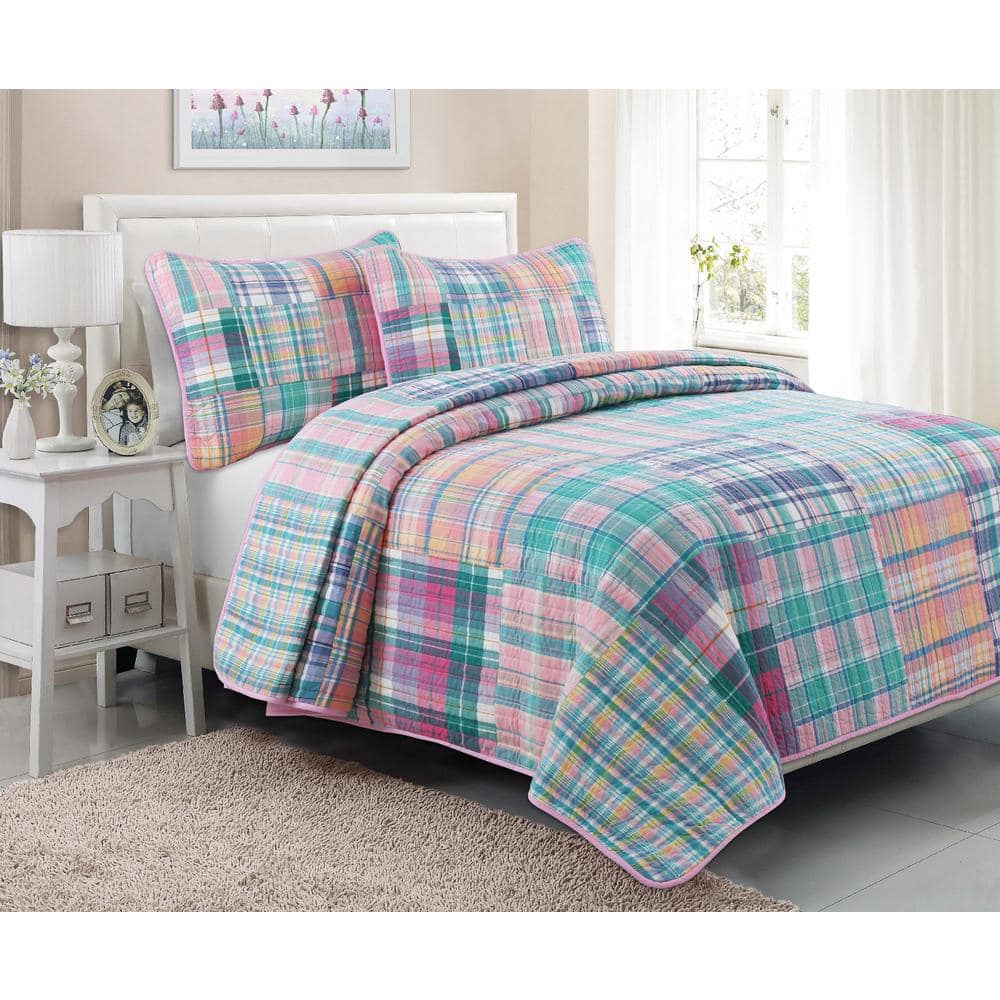 Green Plaid Patchwork Quilt Set Queen Size Reversible Quilted
