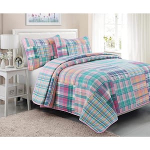Spring Fling Tartan Plaid Square Patchwork 3-Piece Pink Blue Green Cotton Queen Quilt Bedding Set