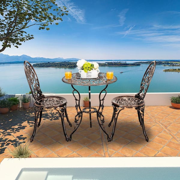 Black Frame 3-Piece Aluminum Cast Bronze Outdoor Patio Bar Height Bistro Set with Unique Rose Design Back for Garden