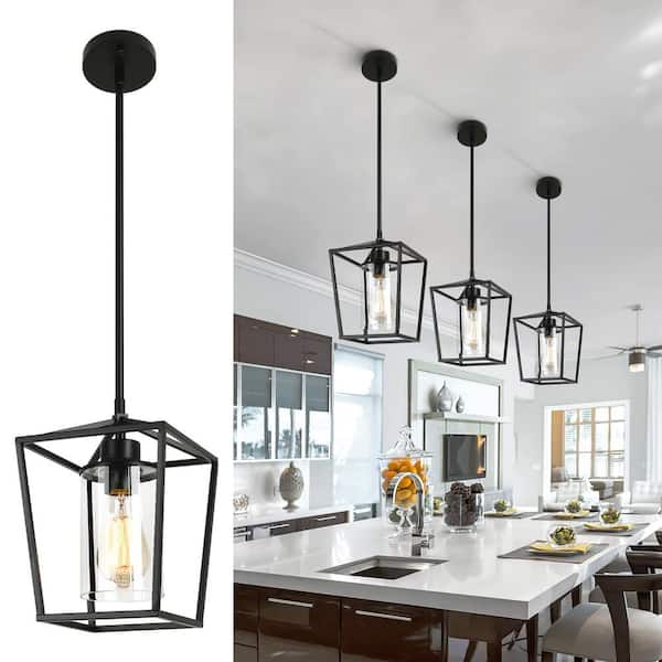 1-Light Matte Black Modern Farmhouse Cage Lantern Pendant Light with Clear Glass Shade for Dining Room