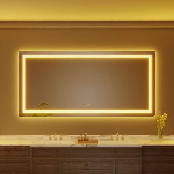 84 in. W x 40 in. H Rectangular Frameless Anti-Fog LED Light Wall Bathroom Vanity Mirror with Backlit and Front Light