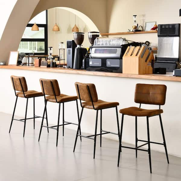 POMONA 26.7 in. Saddle Brown Suede Upholstered Counter Height Bar Stools with Black Metal Legs (Set of 4)