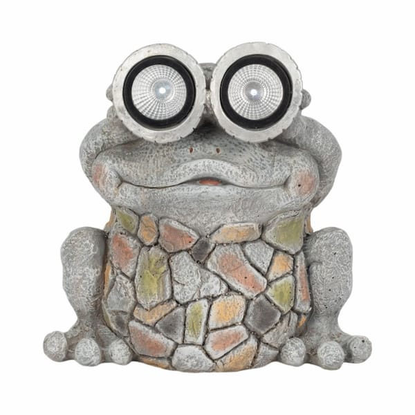 Gray 11.75 in. x 12 in. Resin Frog with Solar Goggles Garden Statue