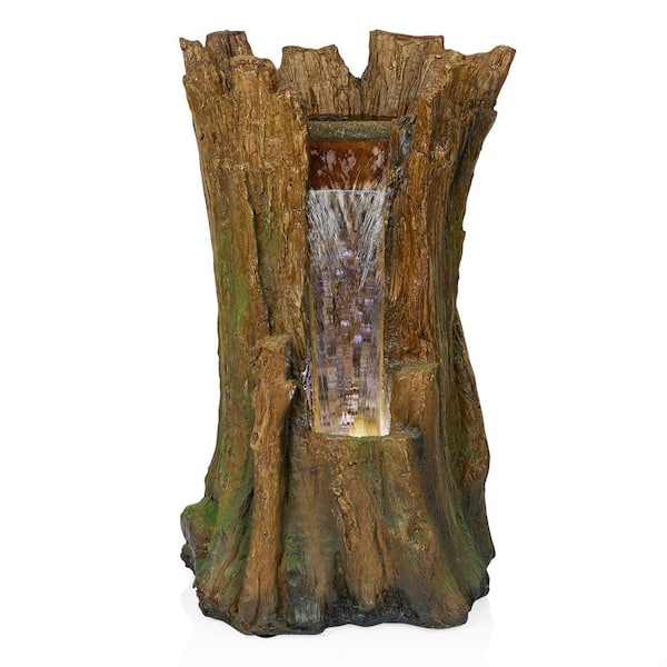 22 in. Tall Tree Trunk Waterfall Fountain with Cool White LED Lights, Brown