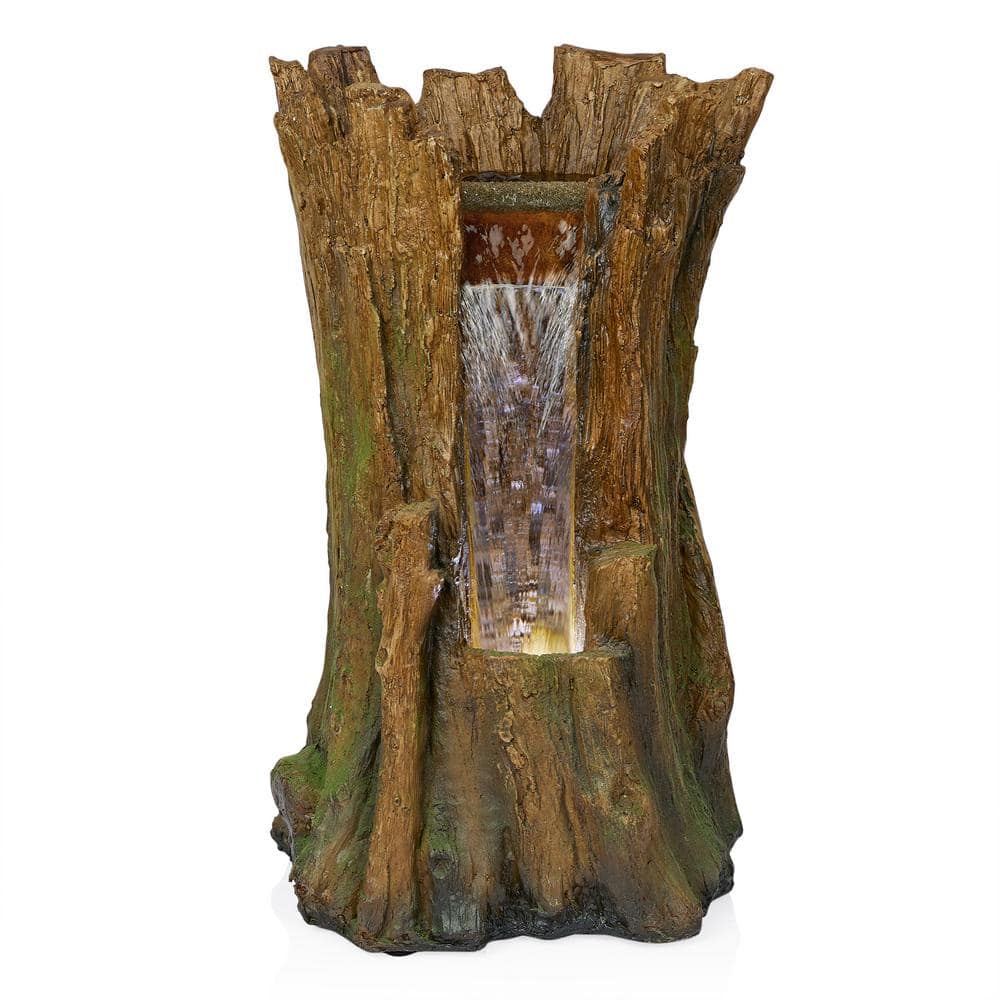 22 in. Tree Trunk Waterfall Fountain with Cool White LED Lights, Brown