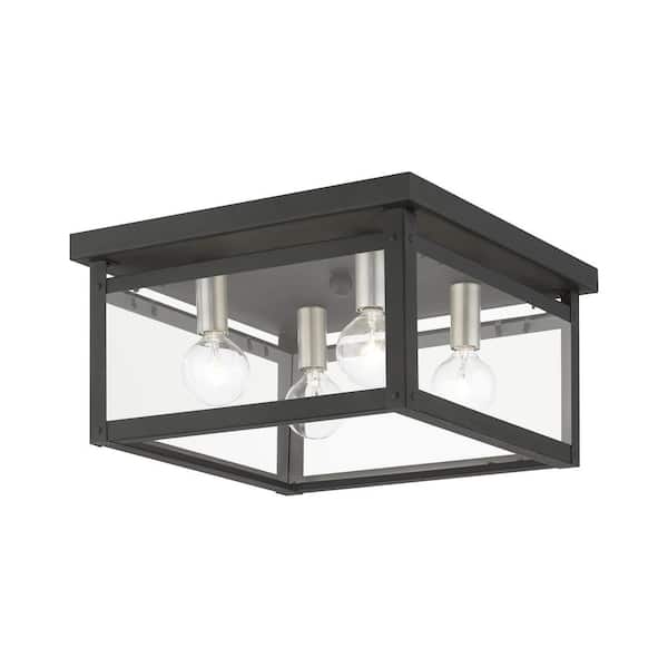 AVIANCE LIGHTING Lyford 11 in. 4-Light Black Flush Mount with Brushed Nickel Candles and Clear Glass