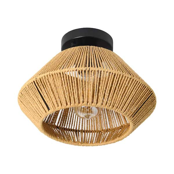TOZING 12 in. 1-Light Farmhouse Rustic Natural Hand Woven Rattan Caged Semi-Flush Mount Ceiling Light for Living Room