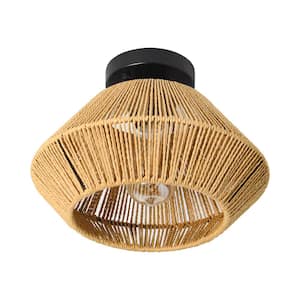 12 in. 1-Light Farmhouse Rustic Natural Hand Woven Rattan Caged Semi-Flush Mount Ceiling Light for Living Room