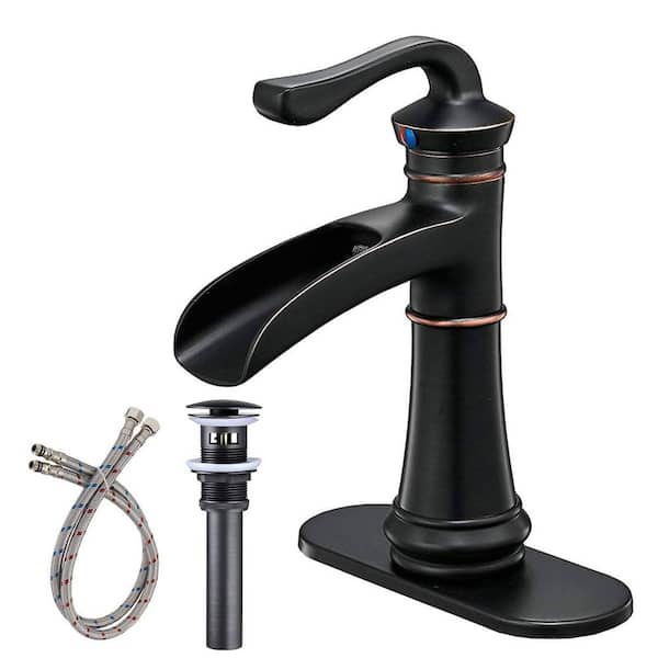 FLG Single Handle Single Hole Waterfall Bathroom Sink Faucet with Drain Assembly and Deckplate Included in Oil Rubbed Bronze