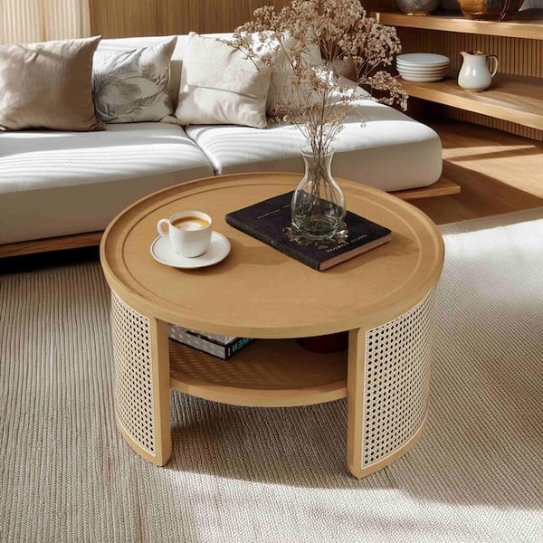 Polibi 31.3 in. Natural Round Wood Coffee Table with 2-Tiered Storage