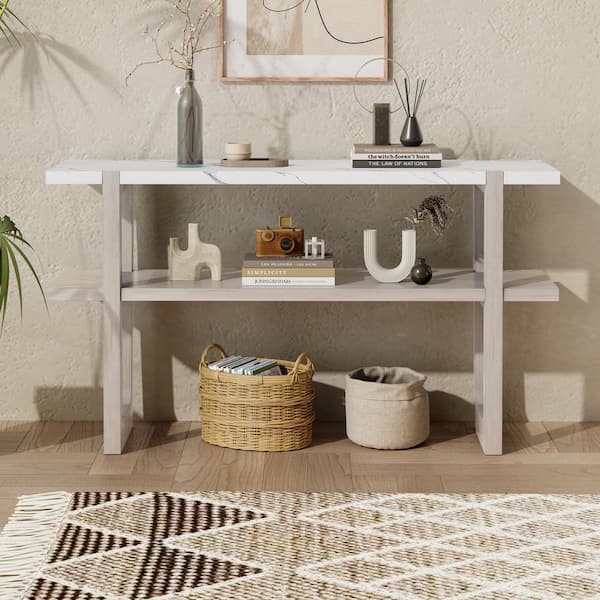 Qualler 54 in. Gray Wash Rectangle MDF Console Table with Storage Shelf and Marble-Effect Top