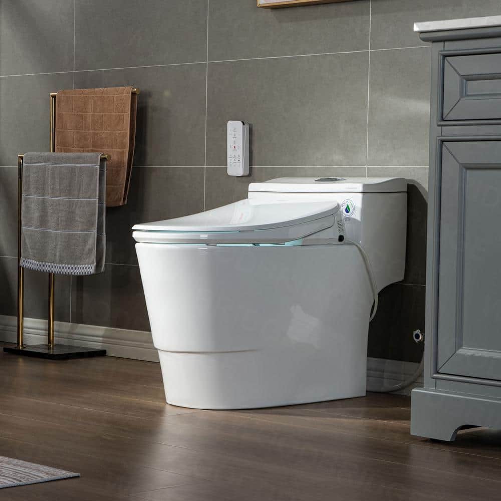 WOODBRIDGE Revel I 1-Piece 1.1GPF/1.6 GPF Dual Flush Elongated Toilet with Advance Smart Bidet Toilet in White, White With Chrome Button -  HT0047