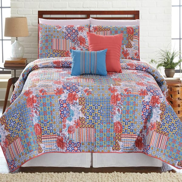 MODERN THREADS 5-Piece Multi-Colored Printed Reversible Bellanova Queen Microfiber Quilt Set