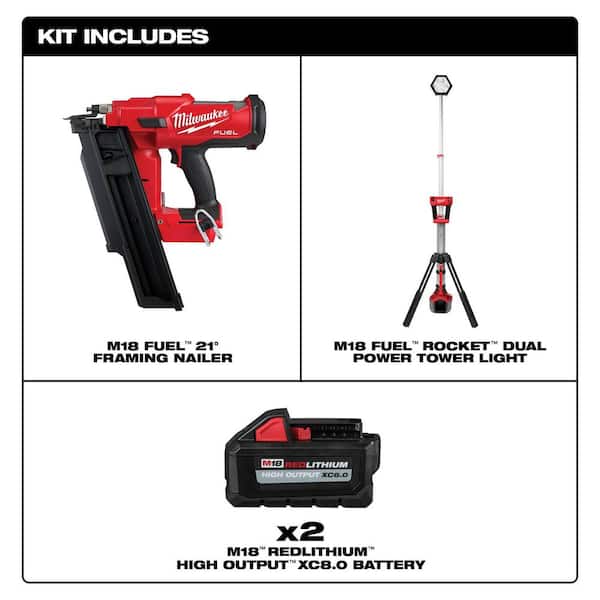 Milwaukee M18 18-Volt Lithium-Ion Cordless Tower Light w/3-1/2 in. 21-Degree Framing Nailer, Two 6Ah HO Batteries