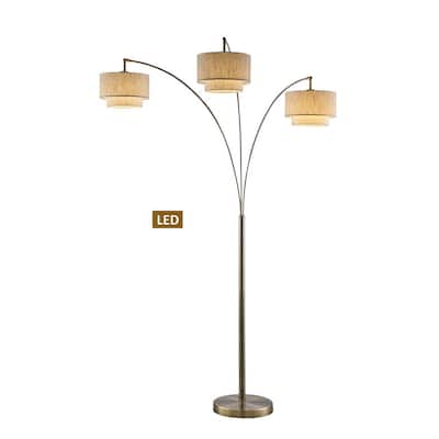 Lumiere III 83 in. Antique Brass Double Shade LED Arched Floor Lamp with Dimmer