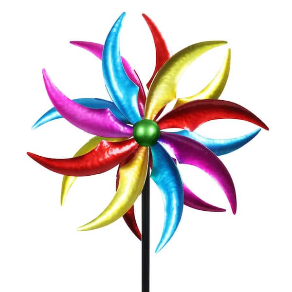 Exhart 5.77 ft. Colorful Double Pinwheel Kinetic Spinner Multi-Color Metal Garden Stake