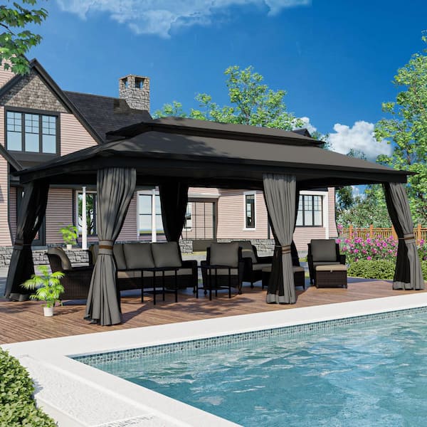 20 ft. x 10 ft. Gray Outdoor Patio Steel Frame Soft Top Gazebo with Mosquito Netting and Weather-Resistant Canopy Top
