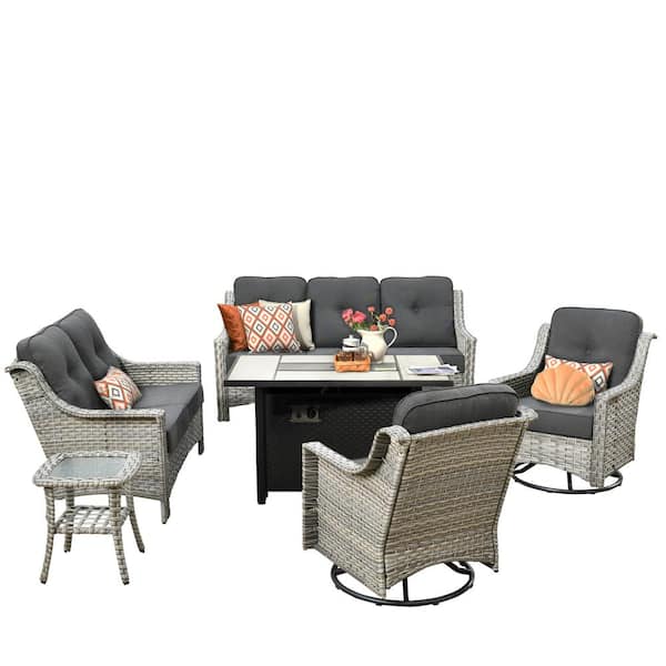 Eureka Gray 6-Piece Wicker Outdoor Patio Conversation Sofa Loveseat Set with a Metal Fire Pit and Black Cushions