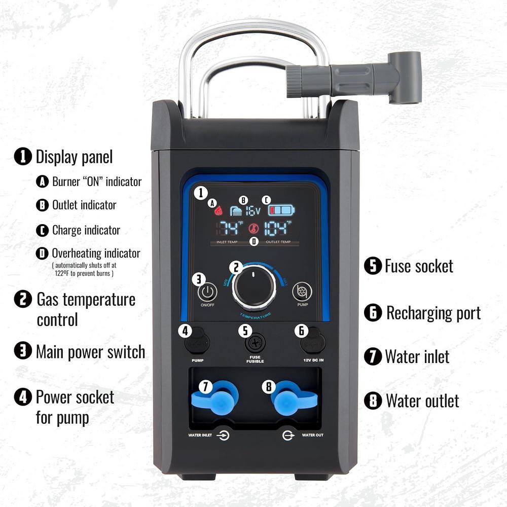 Portable Propane Water Heater with LED Display and Shower Head