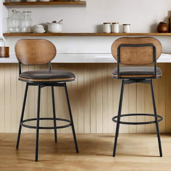 Aloysius 42 in. Dark Grey High Back Bar Stools Metal Swivel Counter Stools with Leather Seat (Set of 2)