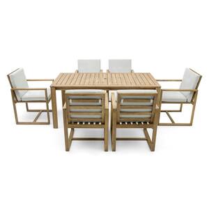 Light Teak 7-Piece Wood Outdoor Dining Set Dining Table and Chair Set with Removable Cushions for Patio, Backyard Garden