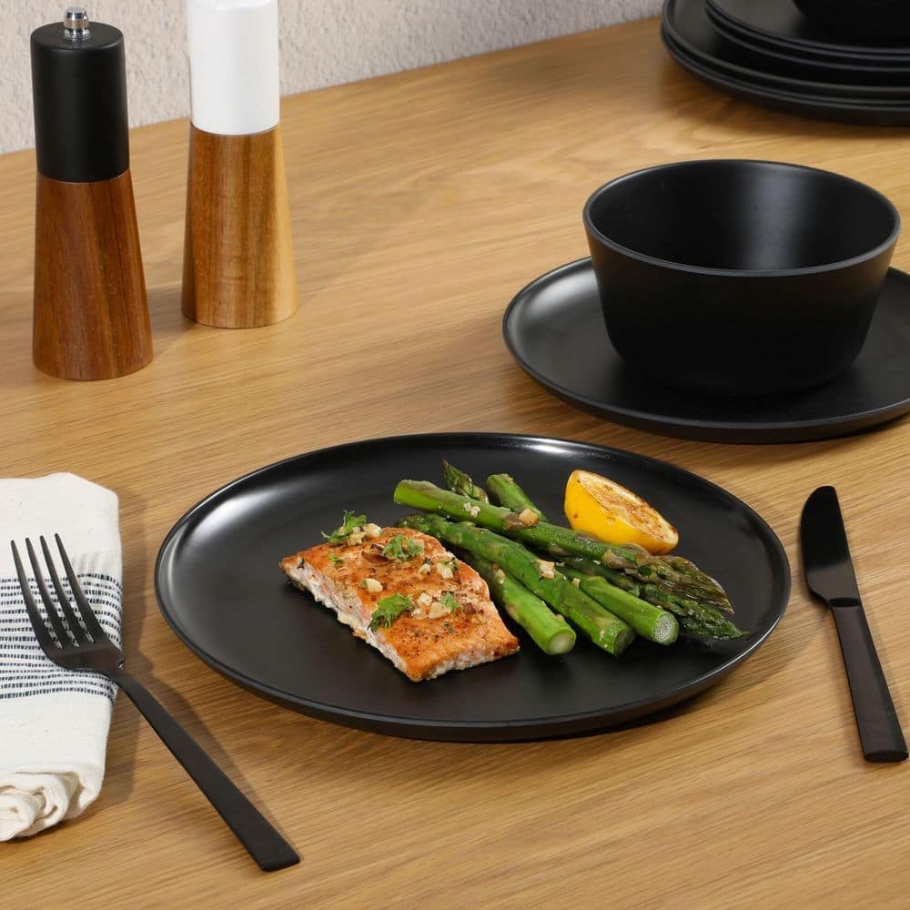 Matte Black Melamine 12-Piece Dinnerware Set for 4