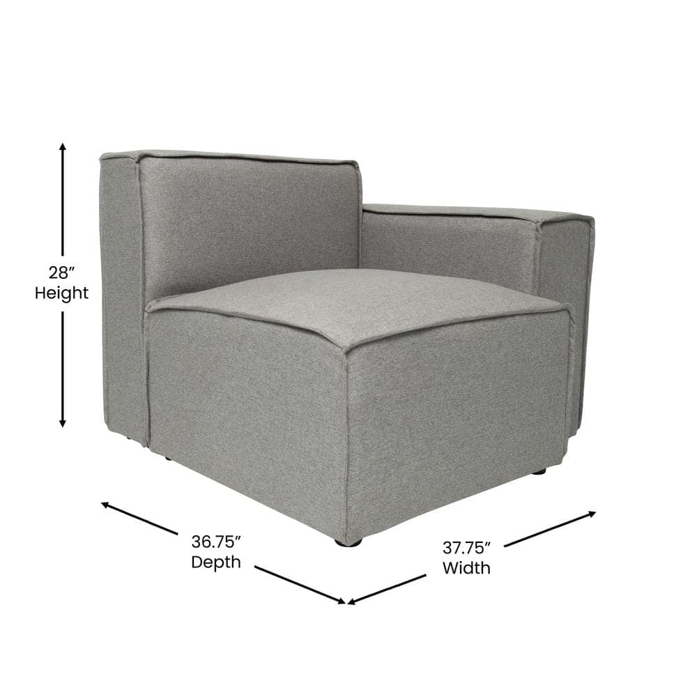 Gray Fabric Modular Right Armrest Side Chair with Solid Wood Frame