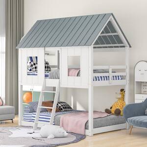 White Twin Over Twin Low Bunk Bed with Roof and 2 Front Windows