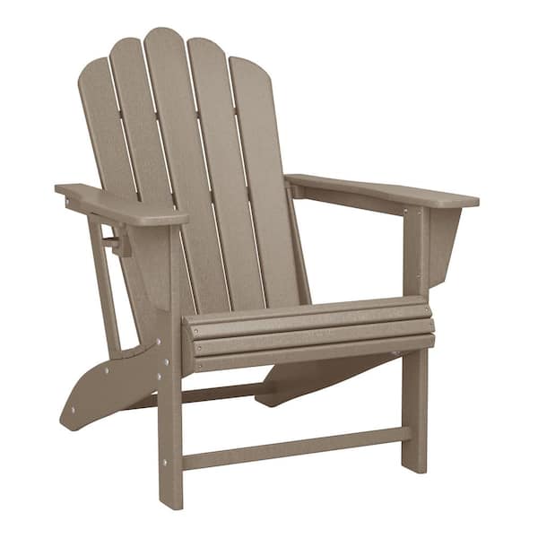 Aderson Outdoor Patio Weather Resistant Classic Poly Plastic Adirondack Chair with Cupholder in Weathered Wood
