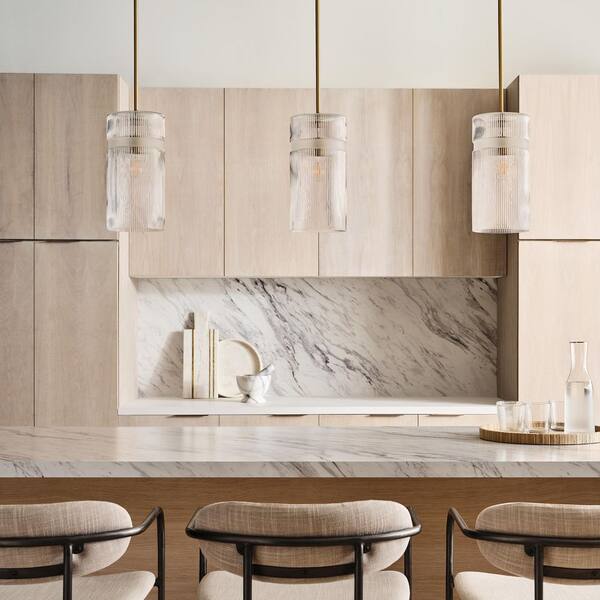 Generation Lighting - Liouet 7 in. W x 14 in. H 1-Light Satin Brass Transitional Pendant Light with Clear Ribbed Glass Shade