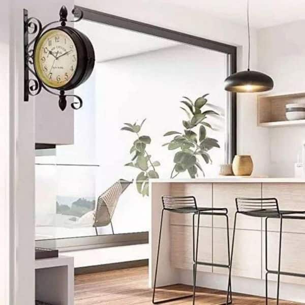 Vintage Black Analog Metal Double Sided Silent Wall Clock 