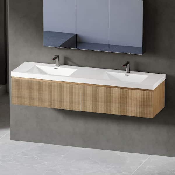 Ziyudura 72 in. Double Sink Floating Natural Oak Bath Vanity with