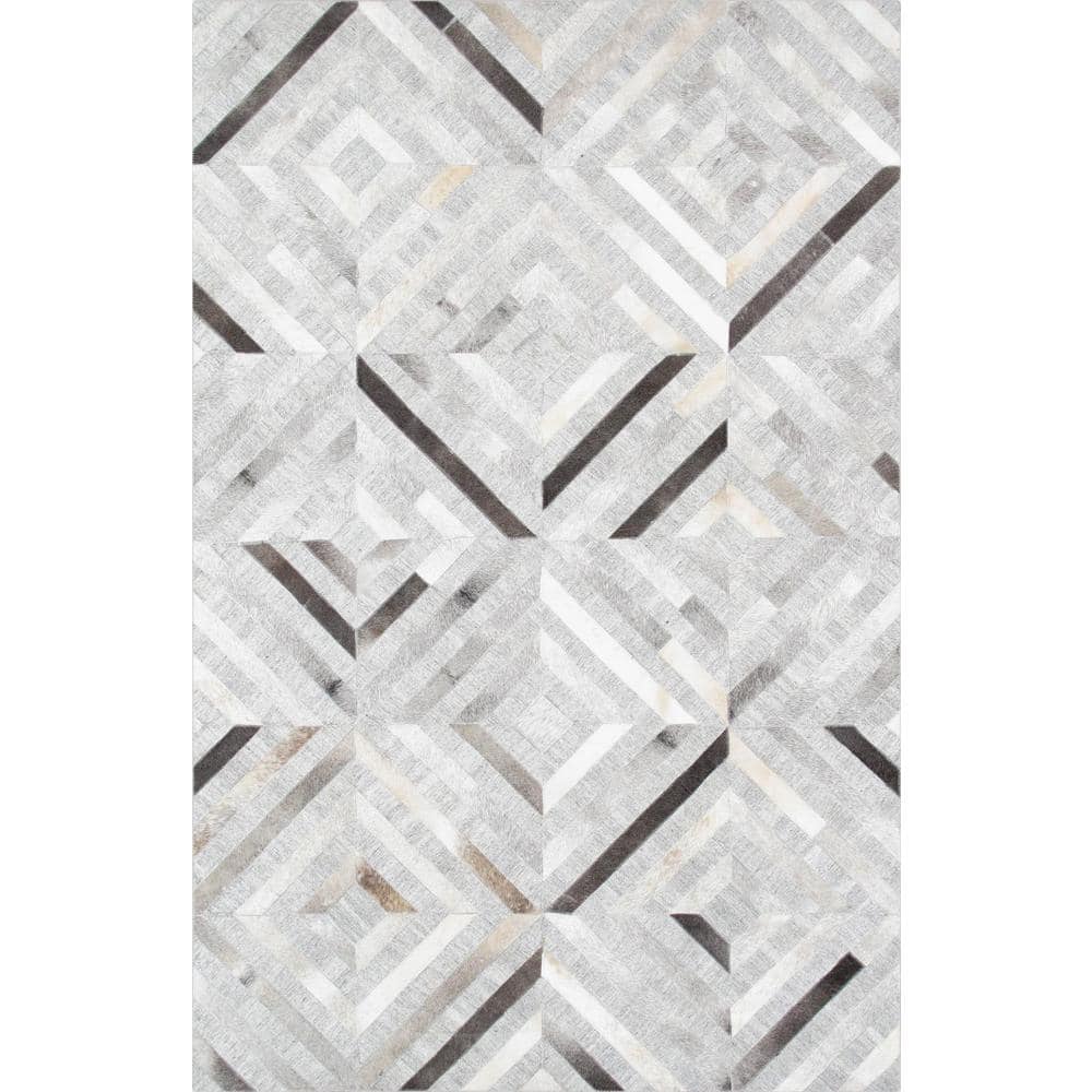 Gray Geometric Handmade Cowhide Area Rug 6' x 9'
