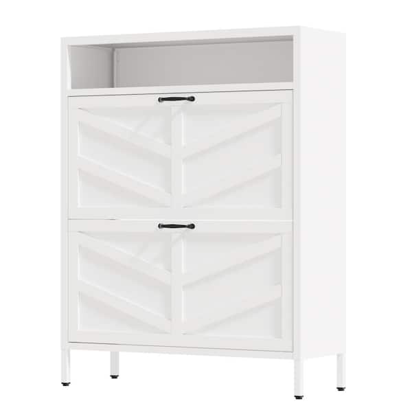 White Metal Shoe Cabinet 2 Flip Drawers Open Storage Layer Rack Slim 11.8"D Freestanding Steel Shoe Organizer Shoe Rack