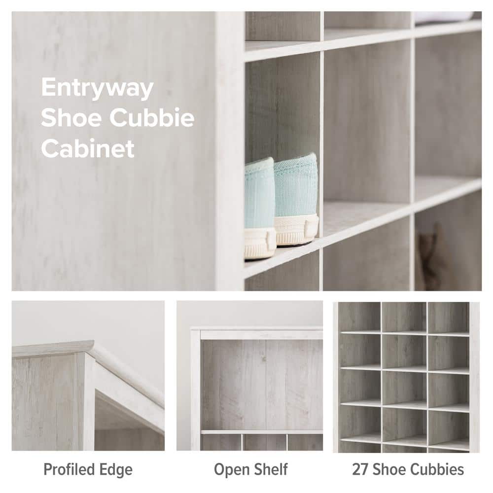 Washed White Tall Wood Wall Mounted Shoe Cabinet