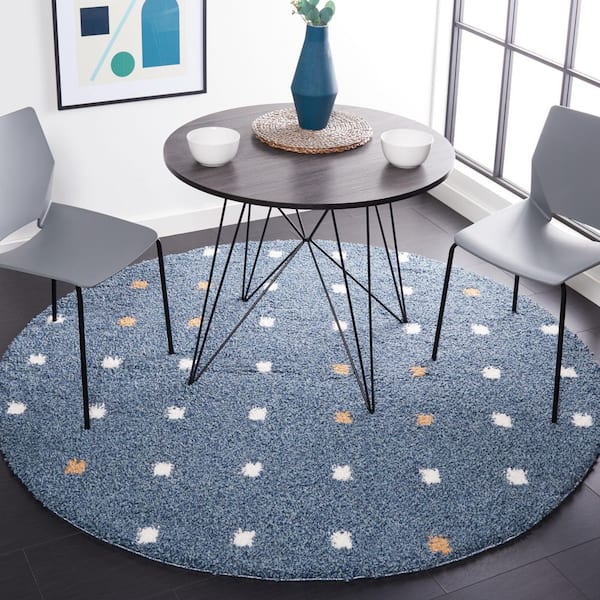 Calico Shag 5 ft. x 5 ft. Blue/Ivory Polka Dot Round Rug