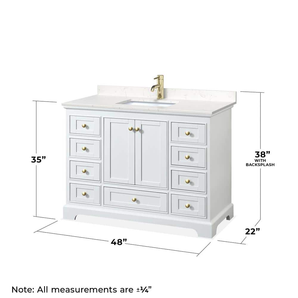 Deborah 48" White Single Bathroom Vanity with Carrara Marble and Gold Trim