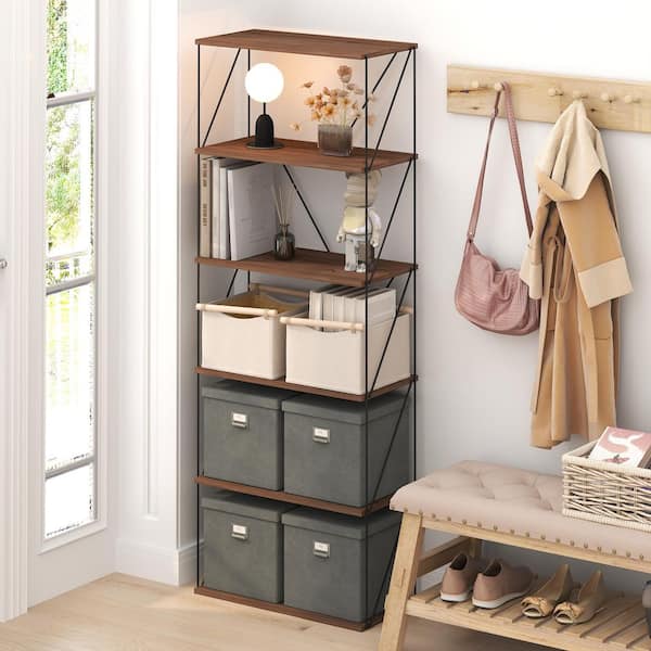 Besi 64.72 in. Tall Columbia Walnut Wood 6-Shelf Etagere Bookcase with Metal Frame
