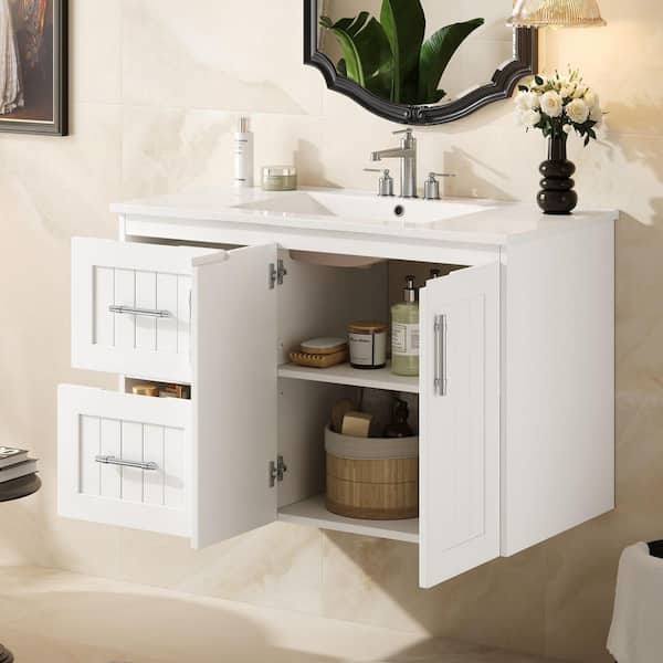36 in. Floating White Bath Vanity with White Ceramic Top, 2-Drawers and Adjustable Shelf