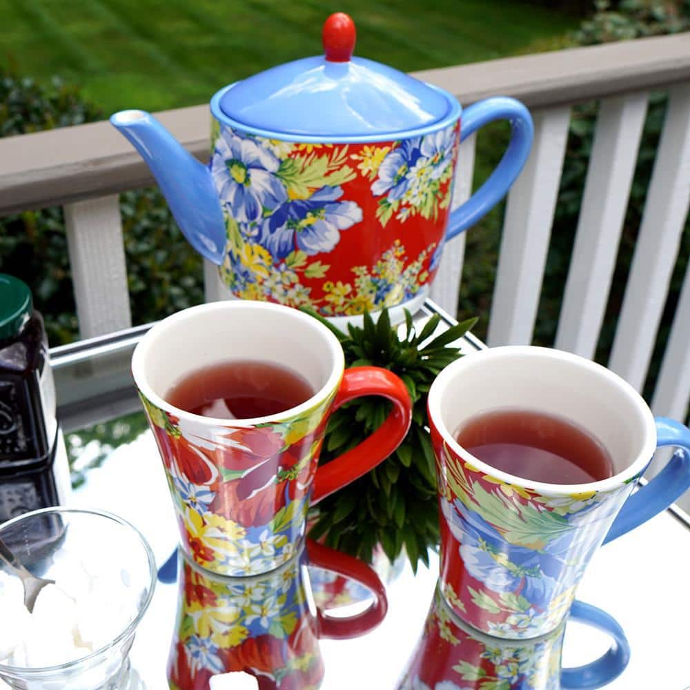 Multicolor Floral Earthenware Teapot with Blue Lid