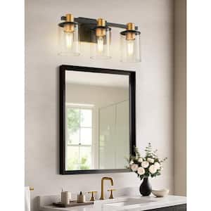 20 in. 3-Light Black Gold Bathroom Vanity Light with Clear Glass Shades for Mirror and Vanity