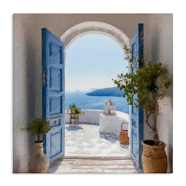 Blue Greek Door Scenery by LSR Design Studio Unframed Graphic Art Print Nature 17 in. x 17 in.
