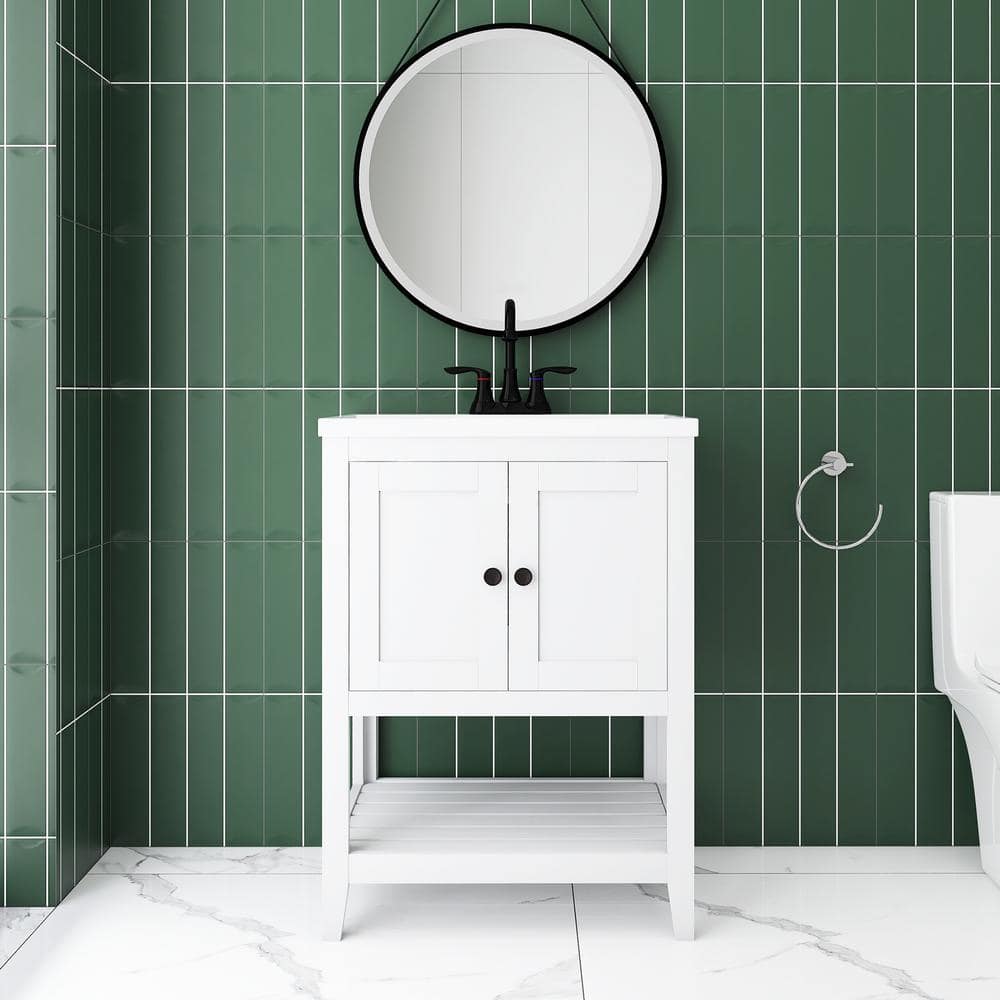 24" White Wood Freestanding Bathroom Vanity with Ceramic Sink