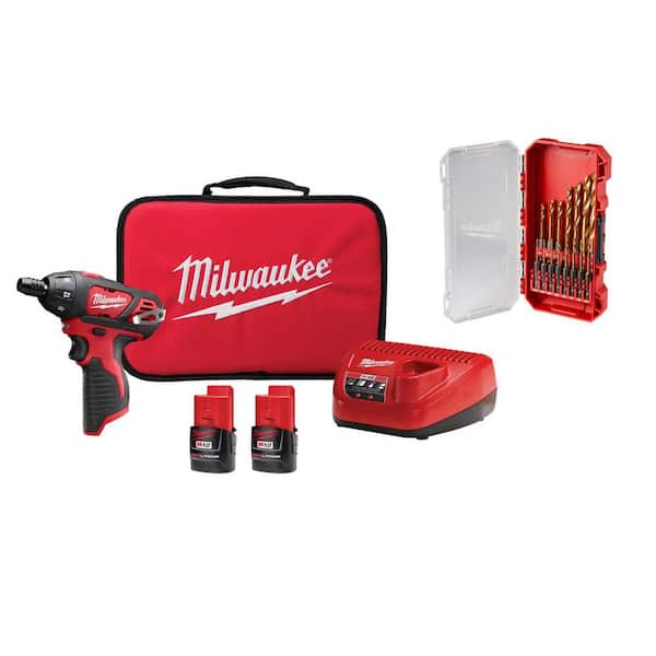 M12 12V 1/4 in. Hex Screwdriver Kit w/ (2) 1. 5Ah Batteries, Charger, Bag with 15-Pc Titanium Bit Set