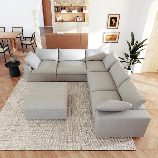 U-shaped 118 in. Square Arm Down Filled Linen 6-Piece Cloud Modular Sectional Sofa Couch in Gray with Removable Covers