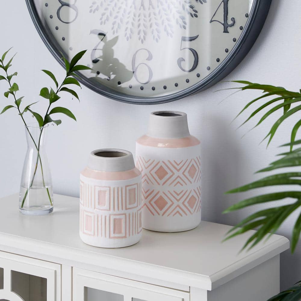 Set of 2 Pink and White Ceramic Geometric Decorative Vases