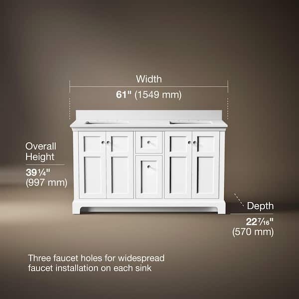 Baskin 60 in. Double Sink White Bath Vanity with Bianco Bella Quartz Top