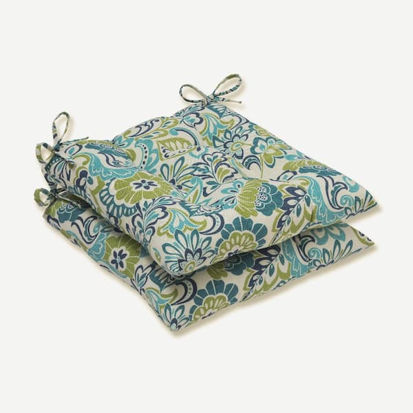 Pillow Perfect Floral 19 in. x 18.5 in. Outdoor Dining Chair Cushion in Blue/Green (Set of 2)