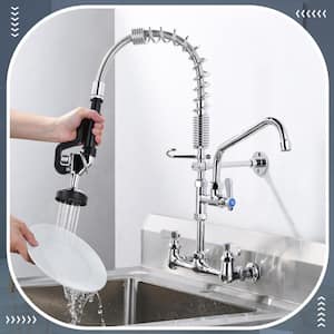 Commercial Wall Mount Triple-Handle Pull Down Sprayer Kitchen Faucet with Pre-Rinse Sprayer in Chrome