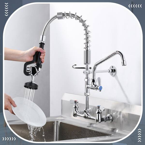 21 in. H Commercial Wall Mount Triple Handle Pull Down Sprayer Kitchen Faucet with Pre-Rinse Sprayer in Polished Chrome